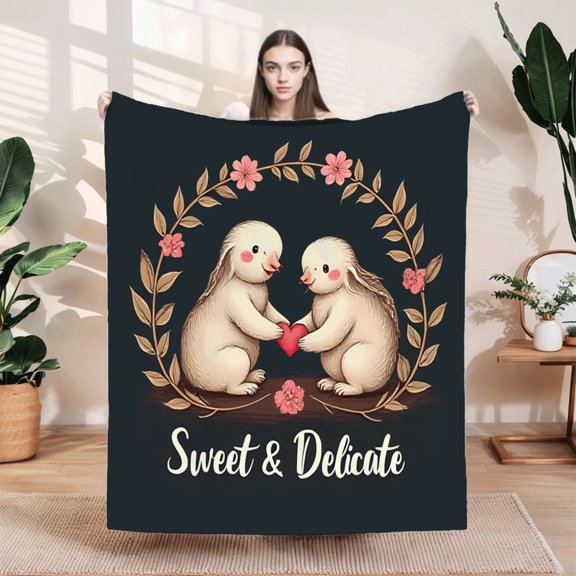 Durable Soft & Warm Flannel Blanket - Adorable Cartoon Rabbits with Floral Wreath Design Perfect for Sofa Travel Bed & Chair