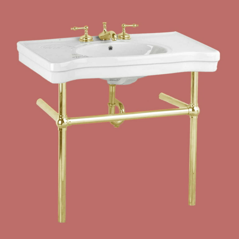 White Console Bathroom Sink 35.5 Wide Wall Mounted Belle Epoque Porcelain  Sink with Brass Bistro Legs, Soap Dish and Widespread Faucet Holes Combo  Renovators Supply 
