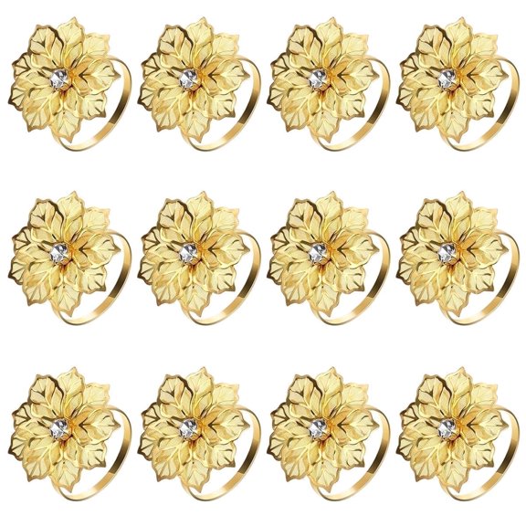 Flower Napkin Rings - Hollow-Out Metal Serviette Holders for Wedding,Easter,and Formal Dining,Gold,12 Pcs