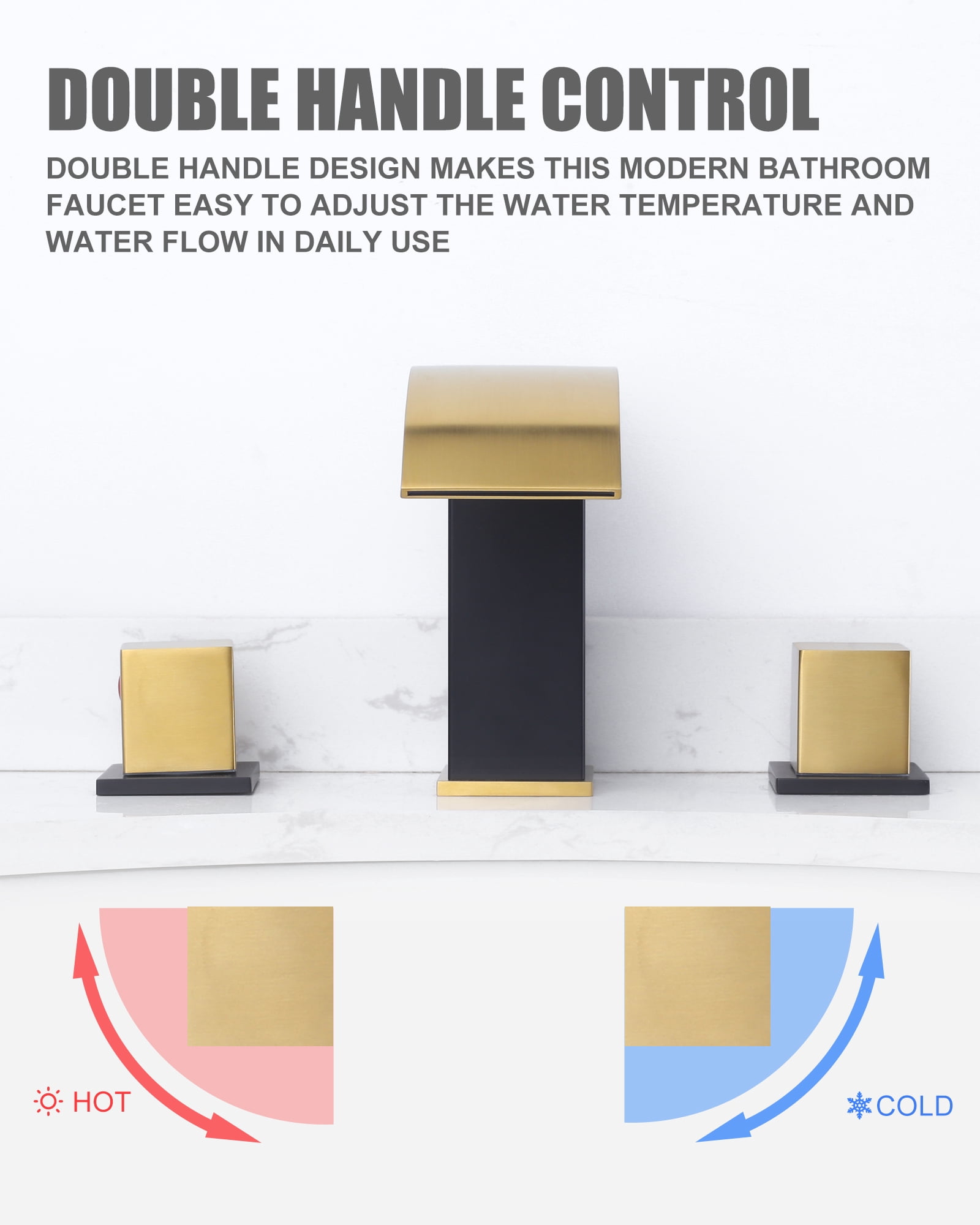 Wowow 8 in. Widespread Double Switch Waterfall Bathroom Faucet with Pop-up Drain in Black and Gold
