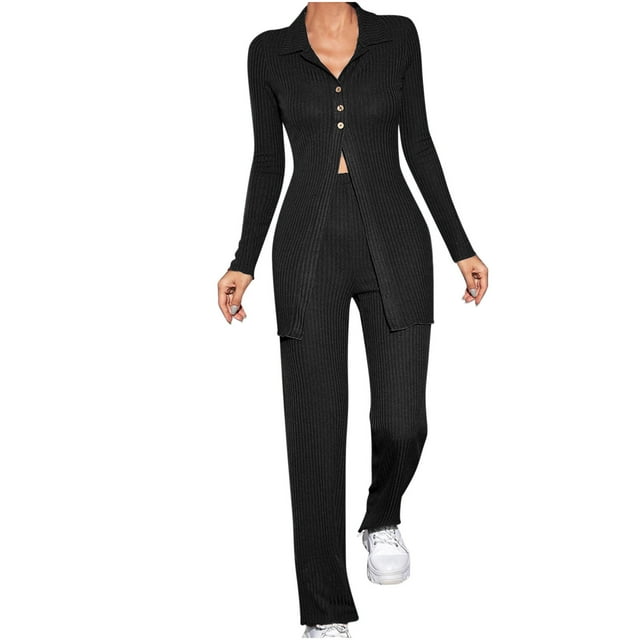 AherBiu 2 Piece Lounge Sets for Women Ribbed Knit Button Split Long Sleeve Shirts Pants Fall Outfits