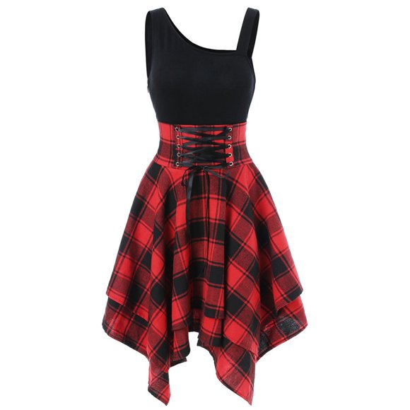 plaid dresses for women vintage off the shoulder high waisted dress bandage high waisted skirt irregular hem dress