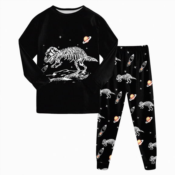 UAYOTSE Boys Long Sleeve Pajama Set Dinosaur Space Rocket Pattern 2‑Piece Cozy Kid Nightwear Sleepers Size 8-9 Years