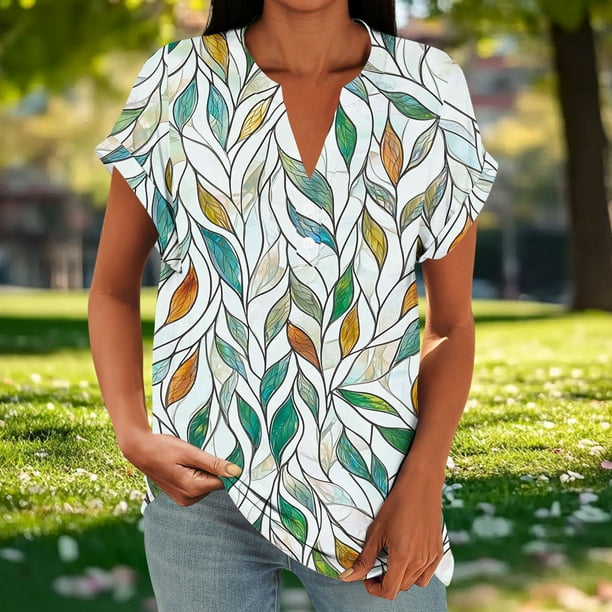 Xuyuer Vintage Style Raglan Sleeve Button Top - Women's Fashion Casual Printed V-Neck Loose Sleeve Blouse for Weekend Outings, Retro Inspired Spring Summer Fashion & Boho Chic Wardrobe Staple