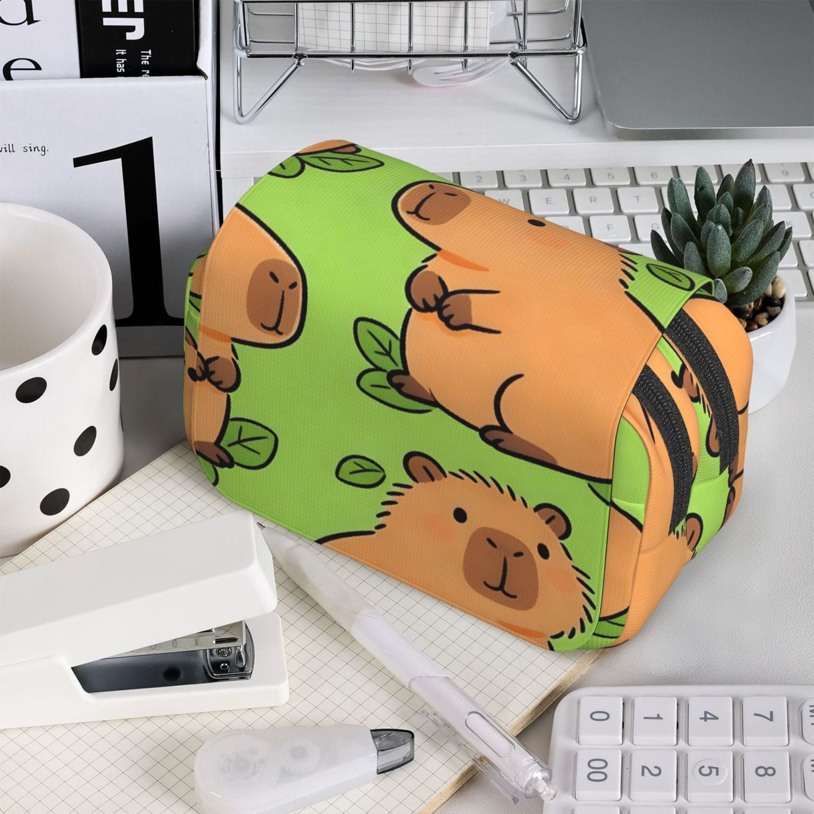 Large-Capacity Flip-Top Double-Layer Pencil Case, Multi-Functional Pocket Pen Case, Durable Stationery Organizer Capybara Leaves
