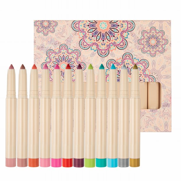 Set de 12 sombras de ojos en barra de doble punta - Acabado brillante/perlado, resistente al agua y de larga duración, con sacapuntas para maquillaje de ojos multiuso