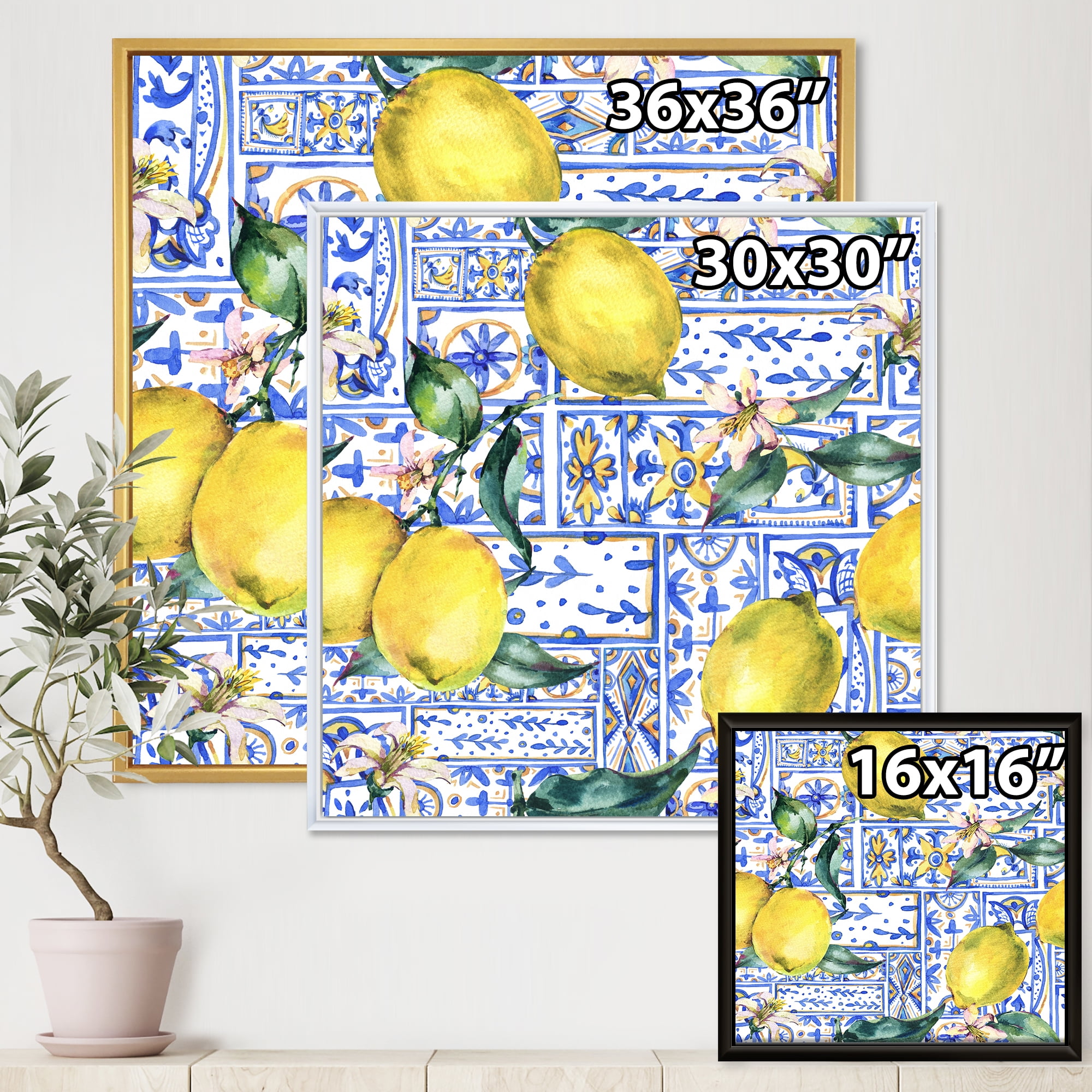 Designart 'Geometrical Pattern of Lemon Ornament On Blue I' Tropical Framed Canvas Wall Art Print