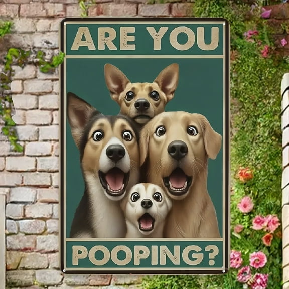 Humorous 'Are You Pooping' Dog Metal Sign - Vintage-Style Bathroom Wall Art, 8x12 Inches, Teal Background with Joyful Pups, Perfect for Home
