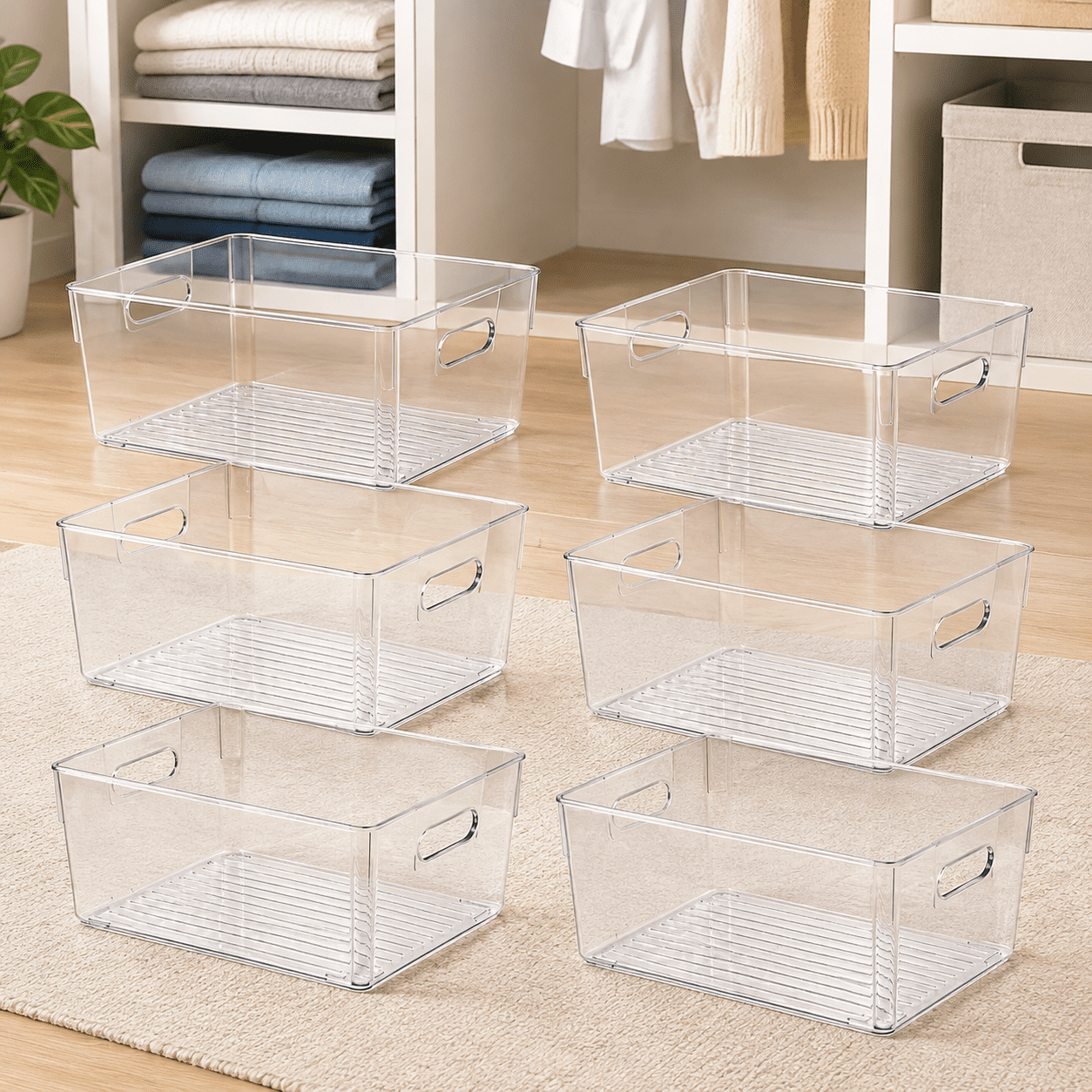 6 Pack Thick Clear Stackable Storage Bins Cabinet Organizer Plastic Containers with Handle for Kitchens Bathrooms and Fridge and Desktop