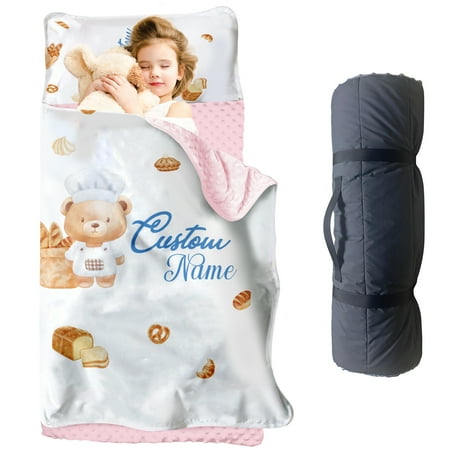 Personalized Toddler Nap Mat with Name – Bear Bread Pattern Roll-Up Sleeping Mat for Preschool Daycare Removable Pillow Soft Minky Blanket Custom Kids Nap Mat for Girls Ideal for Travel or Camping