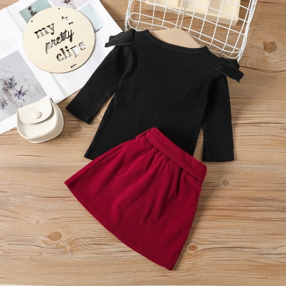 Vedolay Skirt For Girl Toddler Girls Rose - Dress Ruffle Shoulders Button Bowknot Tops Floral Print A-Line Skirt Summer Outfits Set,Black 2-3 Years