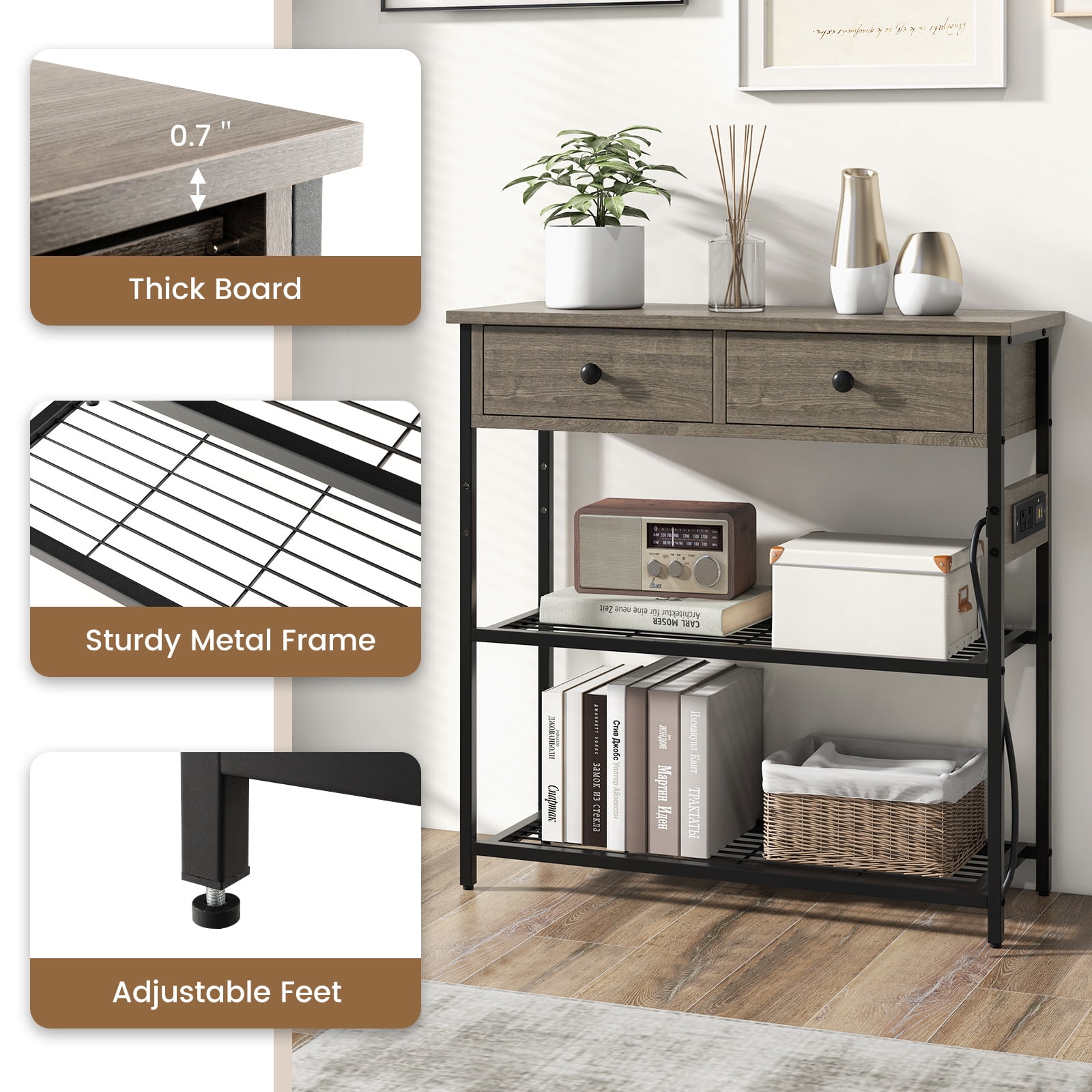Giantex Console Table w/Outlets , Entryway Table w/USB Ports, Narrow Sofa Table, Entry Hallway Table, Grey