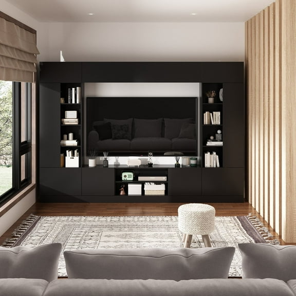 KULAGAGA Modern Black TV Media Entertainment Center with Doors for Living Room