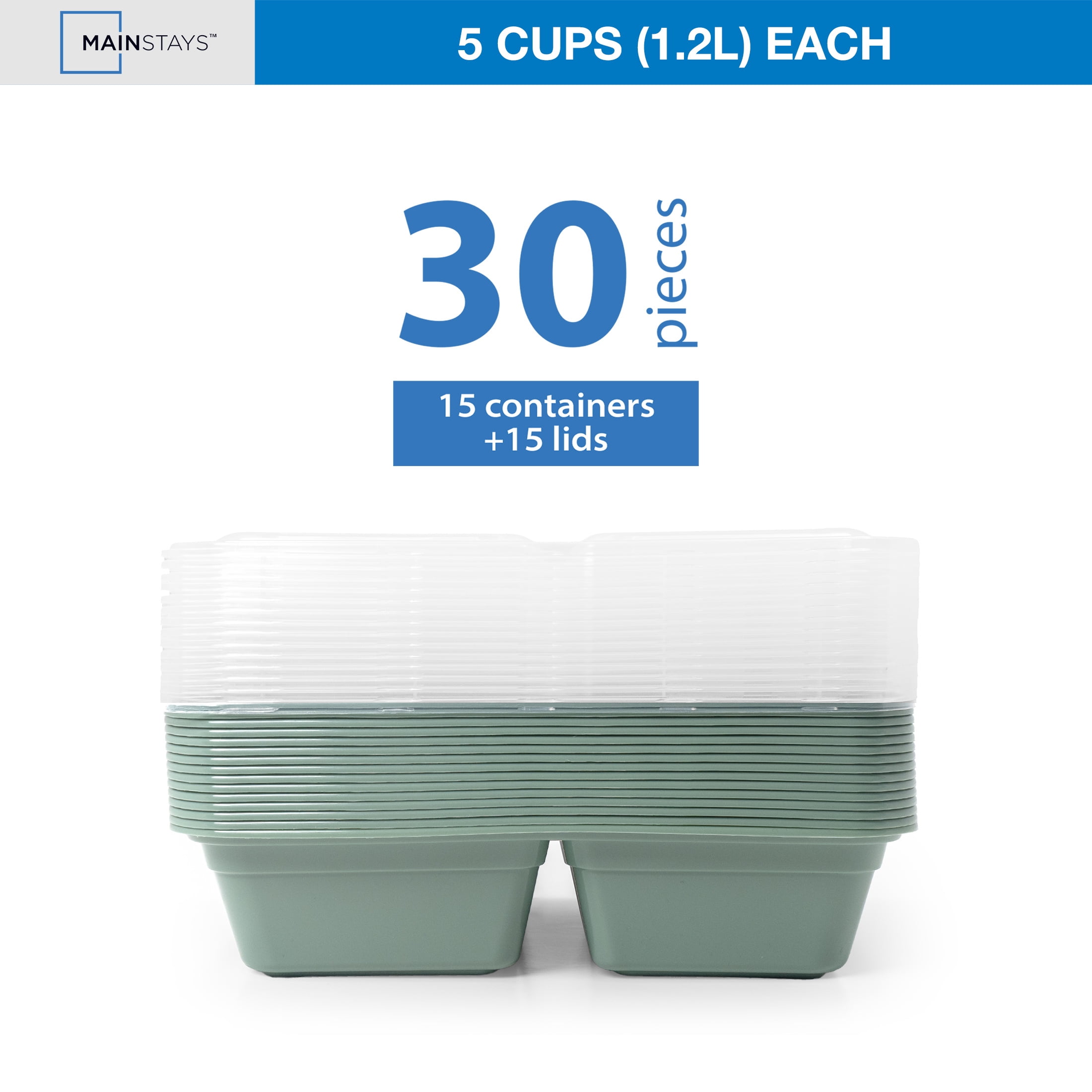 Mainstays 15-Pack 3-Compartment BPA-Free Meal Prep Food Storage Containers, Green Sage