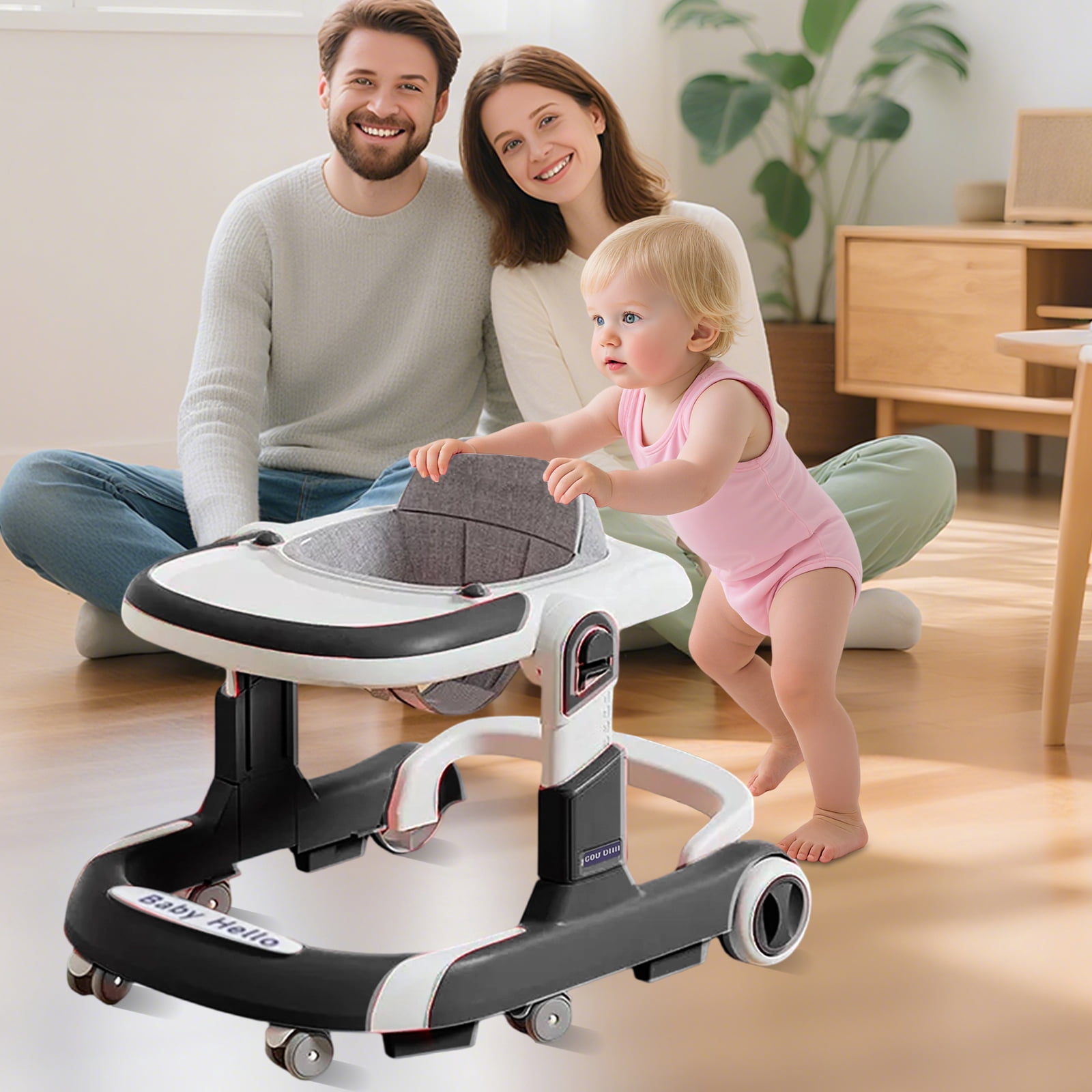HENG Co. 5-in-1 Foldable Baby Walker with Foot Pads & Handles for Boys and Girls 6-24 Months, Black