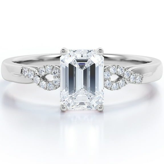 JeenMata Semi-Infinity Pave 1.75 Carat Emerald Cut Moissanite Prong Set Engagement Ring In 18K White Gold Plating Over Silver