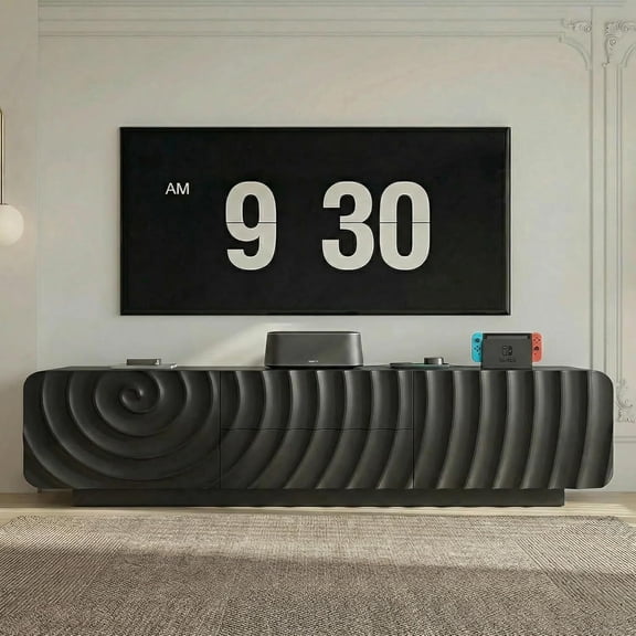 58'' Modern TV Stand for 65 Inch TV, Media Console with Storage Cabinet & 2 Drawers, Rounded Corner Entertainment Center for Living Room Bedroom (Black)
