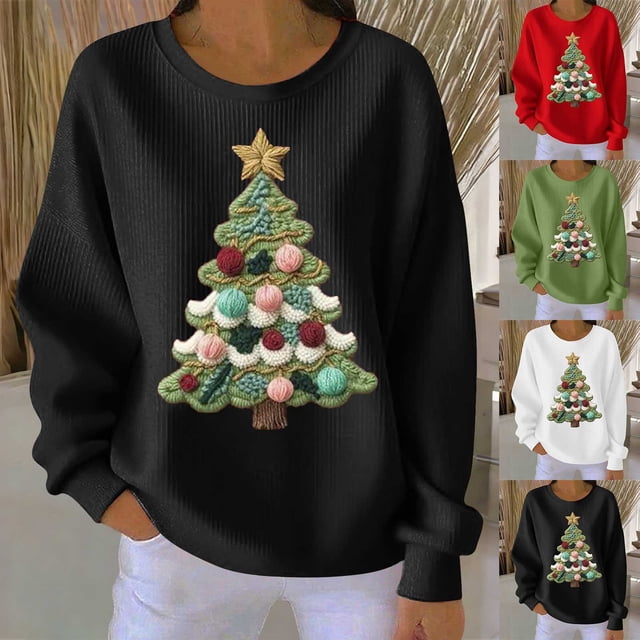 Yteetum Chandails en Molleton de Noël pour Femmes, Col Rond, Tricot Côtelé, Chandail Sans Capuche, Imprimé Graphique, Manches Longues