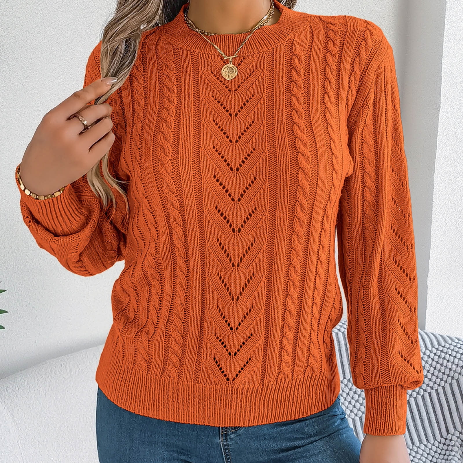 Ahdbta Pullover Sweaters for Women Mock Neck Long Sleeve Hollow Out Sweaters Casual Warm Solid Color Cable Knitted Tops
