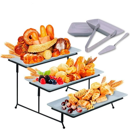 Soft Heat Serving Stand - 3 Tier Serving Tray Stand - Rectangular Dessert Party Platter with Extra Sauce Dishes Cake Server and Serving Tongs