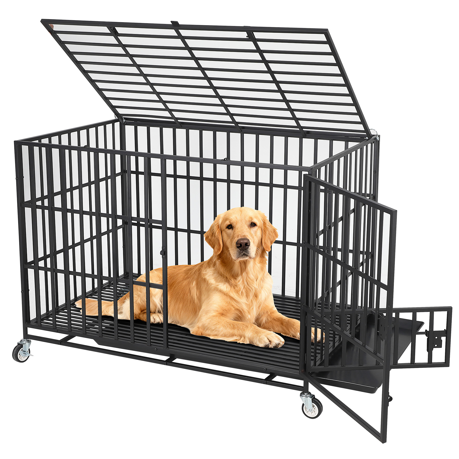 49 Inch Extra Large Heavy Duty Dog Crate with 3 Doors and Wheels, Indoor Outdoor Escape-Proof Metal Kennel with Removable Tray for Large Medium Dogs, Black