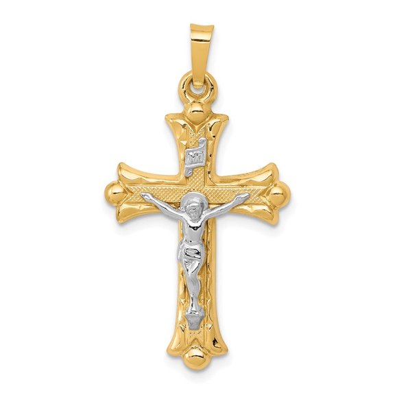 Auriga Fine Jewelry 14K Yellow Gold Two-Tone Textured and Inri Crucifix Cross Pendant for Women (L-32.5mm, W-18mm)