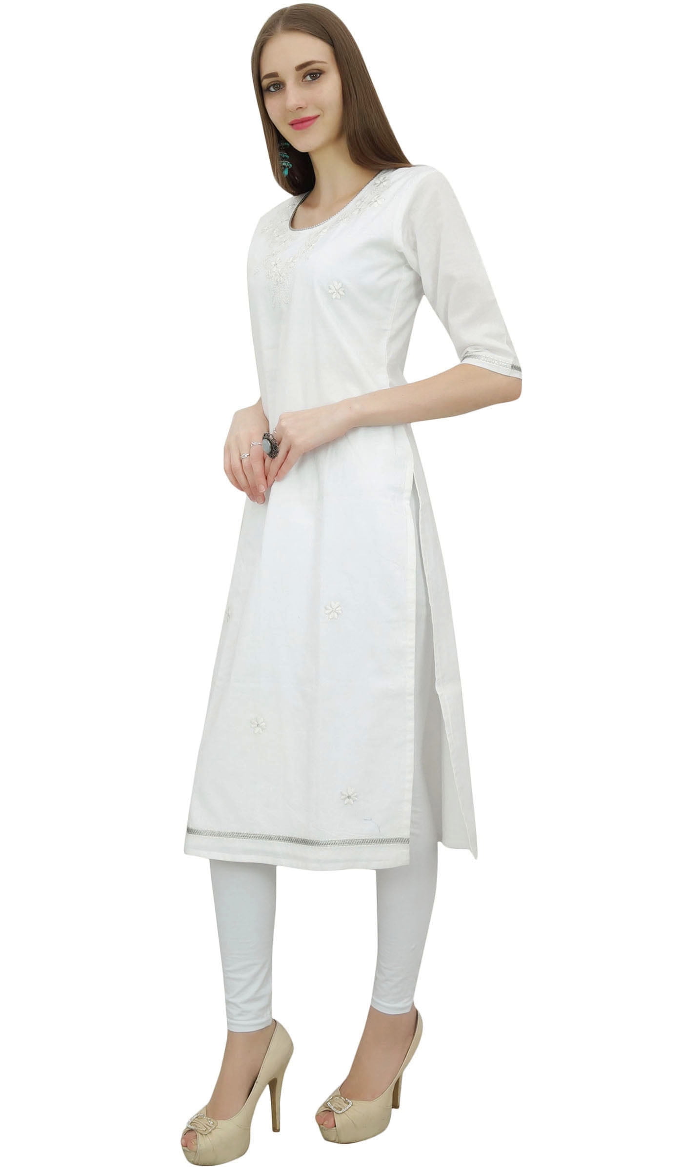 Shop Jaypore Women White Cotton Embroidered Round Neck Loose Fit Kurta for  Women Online 39597673