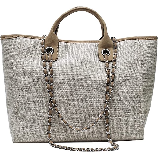 LinYooLi Women Canvas Handbag Large Capacity Chain Tote Bag PU Handle Shoulder Bag