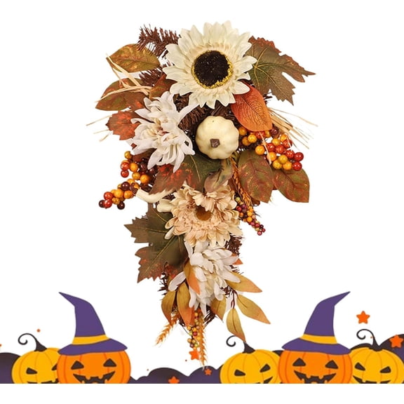 Thanksgiving Door Wreath, 50cm/19.7 Inch Artificial Flower Garlands With Red Orange Berries & Pumpkins, Seasonal Fall Wreath For Porch Outdoor Wall Table Home Decor