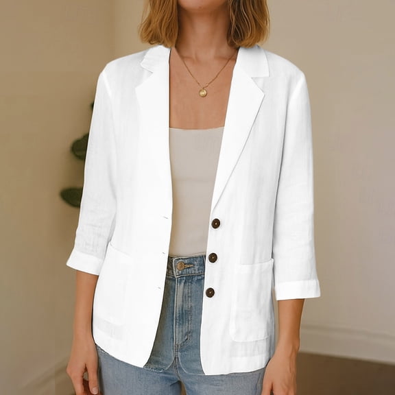 Yrmaups Casual Blazer for Women Plus Size, Cotton Linen Open Front 3/4 Sleeve Button Down, Lightweight Fall Work Office Outwear, White XL