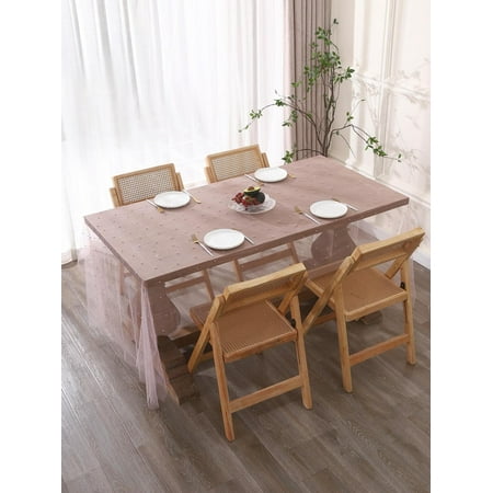 

1pc Clear Pink Tablecloths Mesh Modern Fabric Fake Pearl Decor Tablecloth