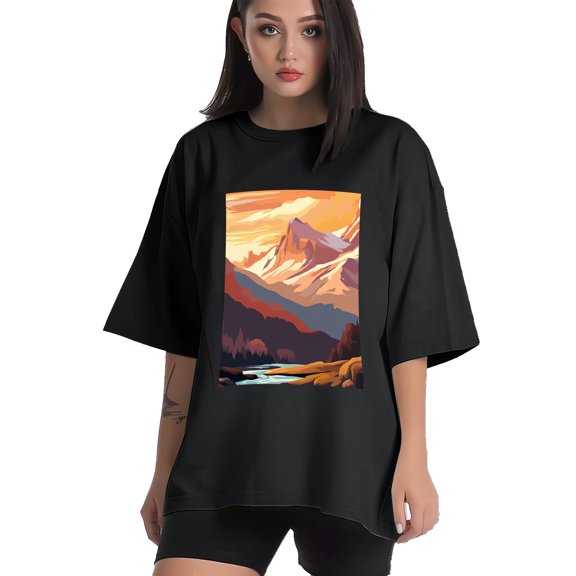 Plus Size Shirt for Women Black Tops for Women Short Sleeves Shirt for Women Mountain 3 T Shirt Crewneck Shirt for Women XS