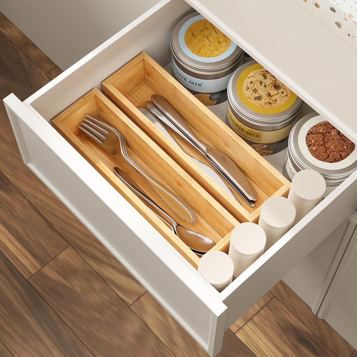 Kitchen drawer organizer, small silverware drawer organizer, bamboo utensil organizer, suitable for bathroom, changing room, office, storage room (natural color, 11
