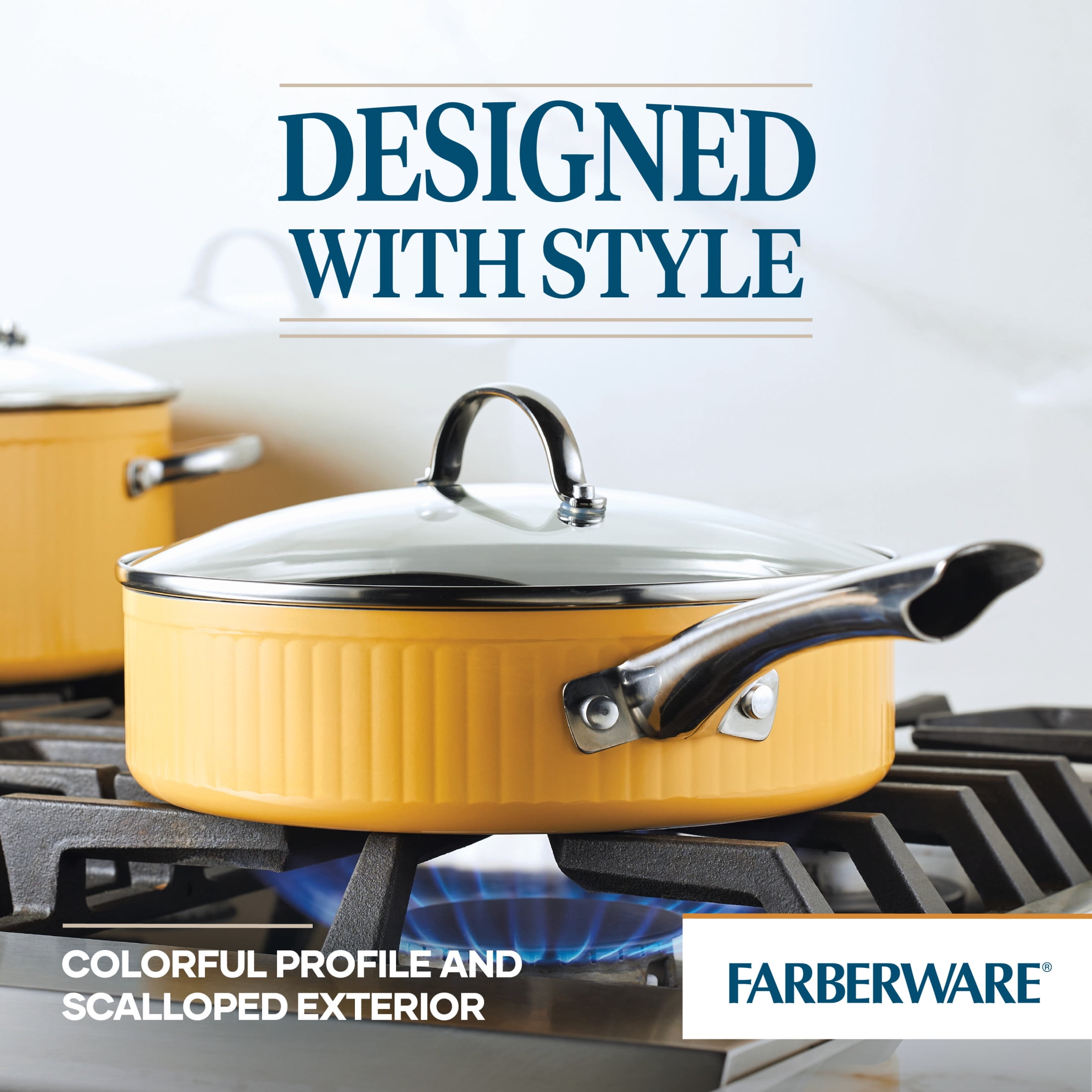 Farberware Style 3 qt Nonstick Saute Pan with Tempered Glass Lid, Dishwasher Safe, Oven Safe to 500°F, Yellow