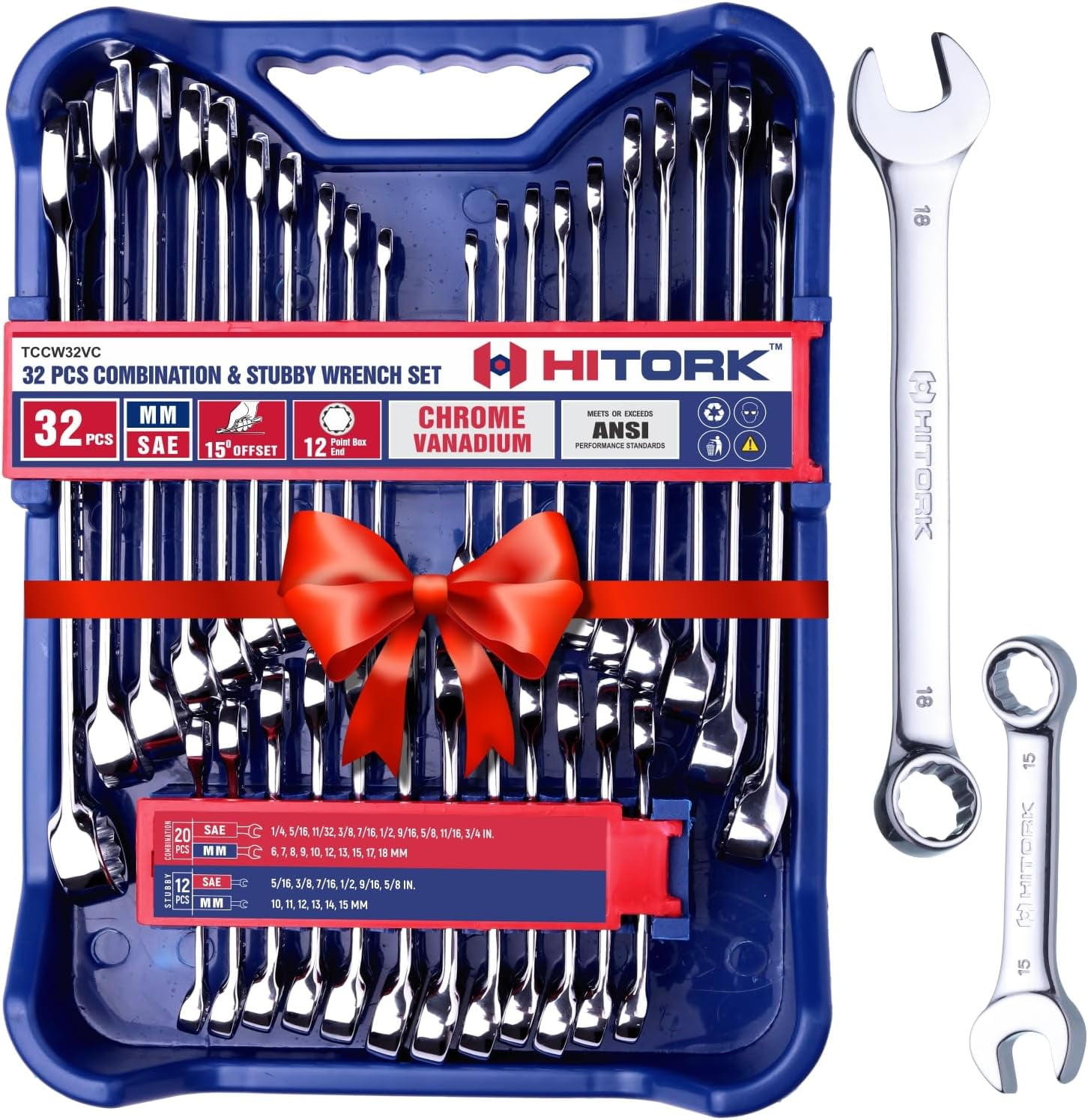 32 Piece Wrench Set SAE & Metric 20 Standard & 12 Stubby Combination Wrenches Cr-V Steel 12-Point Mirror Finish 15 °   Offset with Organizer Tray Ideal for Auto & Home Repair