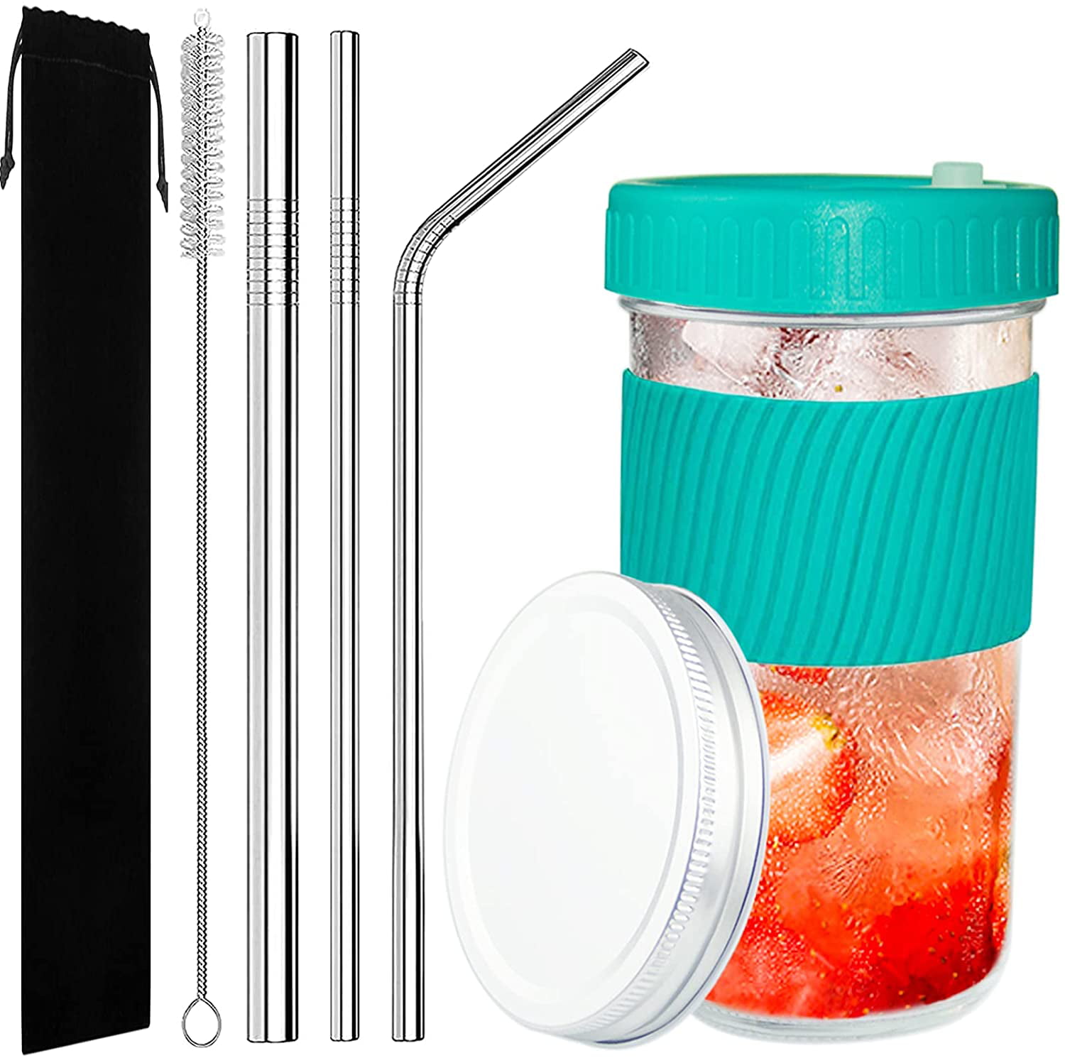 Glass Mason Jars Reusable Boba Cup Bubble Tea Cup Wide Mouth Smoothie Cups
