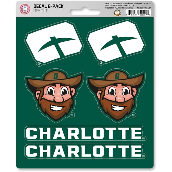 University of North Carolina UNC Charlotte 49ers 6-Piece Decal Sticker Set, 5x6 Inch Sheet, Gift for football fans for any hard surfaces around home, automotive, personal items