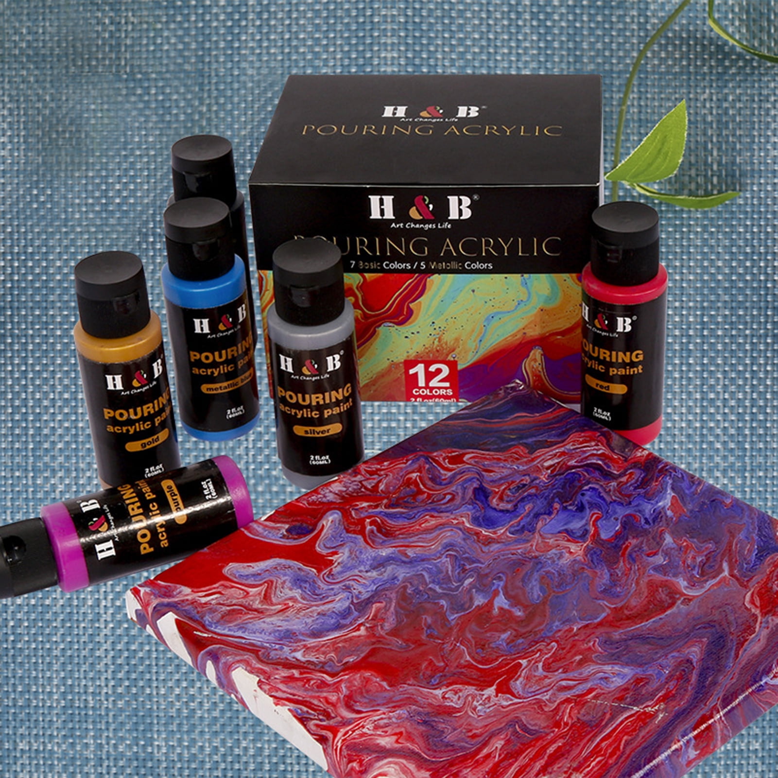 12 Colors Pouring Acrylic Paint Set Non Toxic Art Paints Supplies for Children Students Beginners Adults Artist Painter Painting on Canvas Paper Wood Stone Ceramic Art Crafts