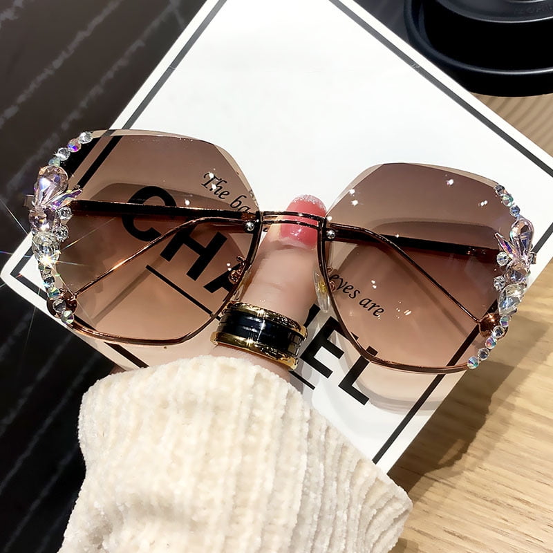 Ycnychchy New Rhinestone Sunglasses Frameless Sun Protection UV Protection Diamond Inlaid Sunglasses Personalized Female Face Slimming, Adult Unisex