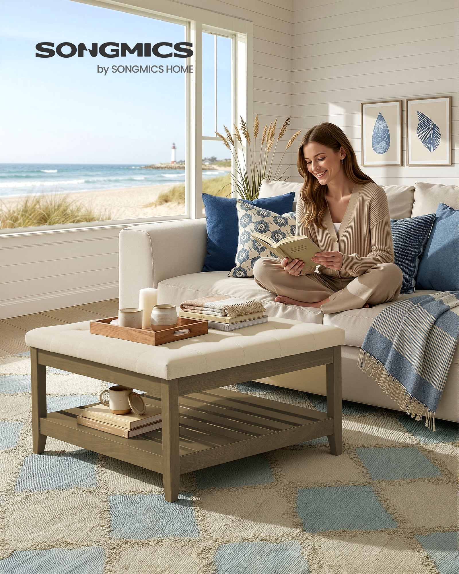 SONGMICS Storage Ottoman with Solid Wood Frame, Square Upholstered Ottoman, Footrest, Tufted Cushion, Easy Assembly, Summer Sand