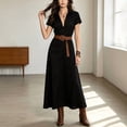 thumbnail image 2 of Morttic Women's Shirt Dress with Belt – Short Sleeve Solid Color Summer Casual A-Line Maxi Dress for Office & Daily Wear Black，M, 2 of 6