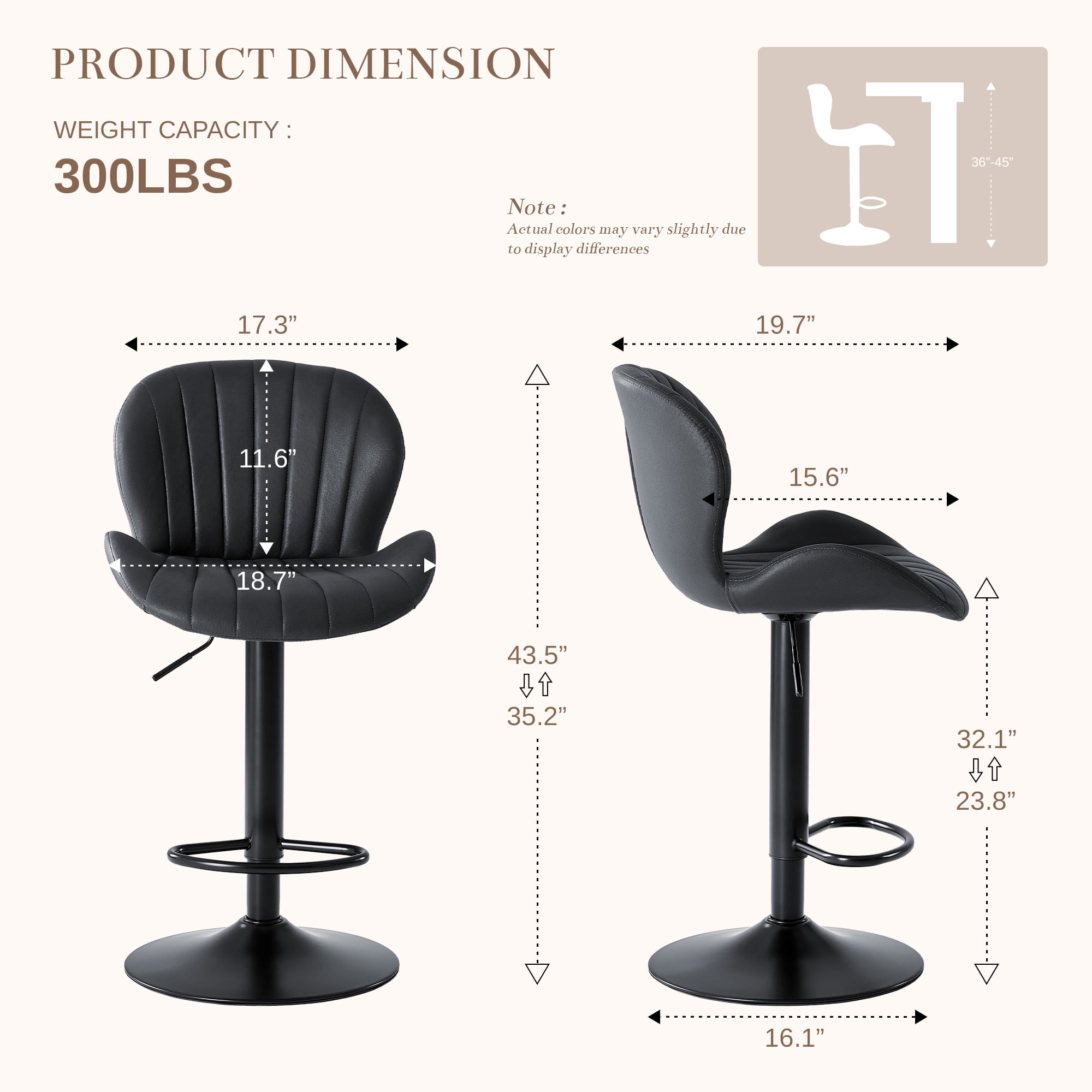 CONCETTA Set of 2 Swivel Bar Stools, Adjustable Height Modern Fabric Upholstered Barstools Counter Bar Chairs with Backrest for Kitchen Island & Home Bar, Black