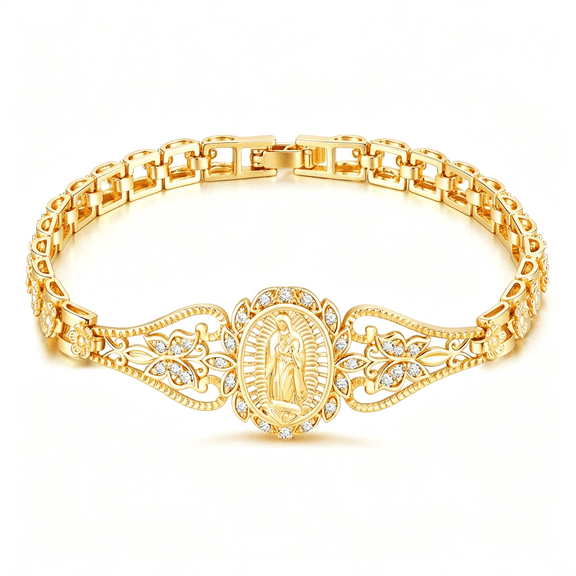 DESIGNICE Gold Catholic Bracelet for Women-14K Gold Plated Hypoallergenic Non Tarnish Trendy Jewelry,Dainty Stainless Steel Cubic Zirconia Religious Baptism Virgin Mary Bracelets Gift