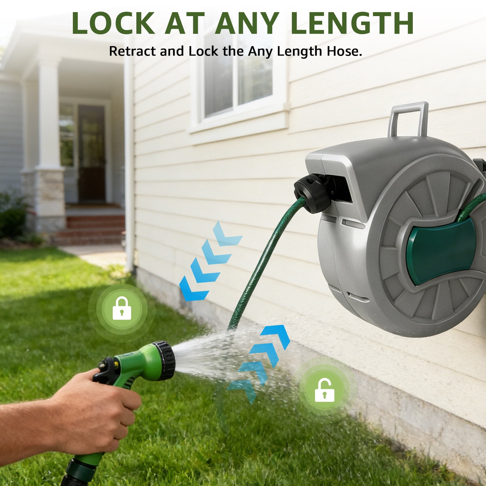 PRIJESS 100 FT Retractable Hose Reel 1/2 in, Wall Mount Garden Water Hose for Car Wash & Pet Bath, Automatic Slow Rewind, Any Length Lock & 180° Swivel, Includes 7-Pattern Nozzle & Hardware