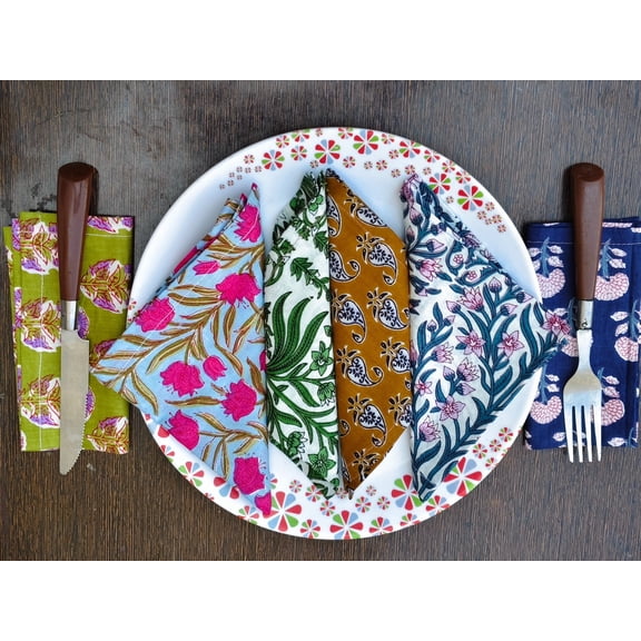10x10 Cotton Napkins Set of 20 – Soft Reusable Cloth Dinner Napkins, Handblock Floral Print, Everyday Dining & Kitchen Table Décor”