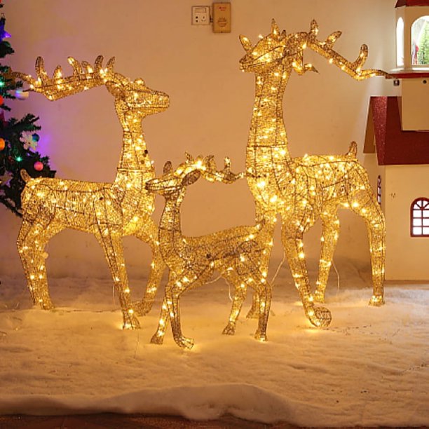 Ciervos de hierro navideños, conjunto familiar de ciervos navideños iluminados, decoración de patio al aire libre con luces LED