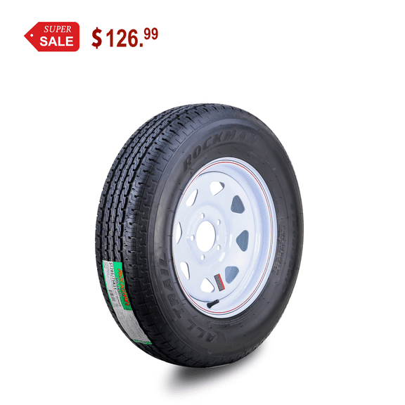 ROCKMAN Trailer Tire Wheel Assembly ST205/75R15 8-Ply D 107M 5 Lug on 5" PCD White Spoke Rim