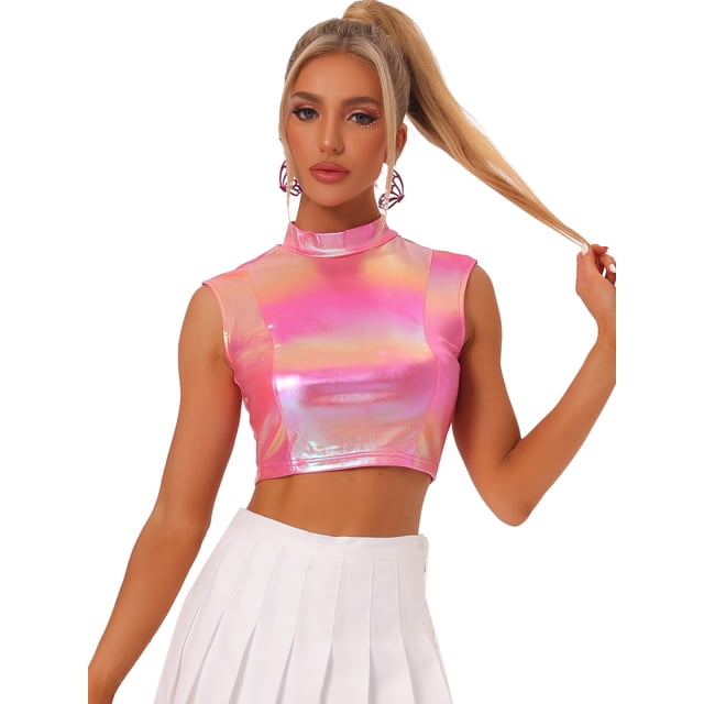 Top corto metálico para mujer, camisetas sin mangas holográficas brillantes sin mangas para fiesta Rosa Caliente L