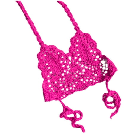 Hiijoy Little Girl s Crochet Bikini Top Solid Halter Beach Swimwear  1-Piece  Sizes 5-6 T