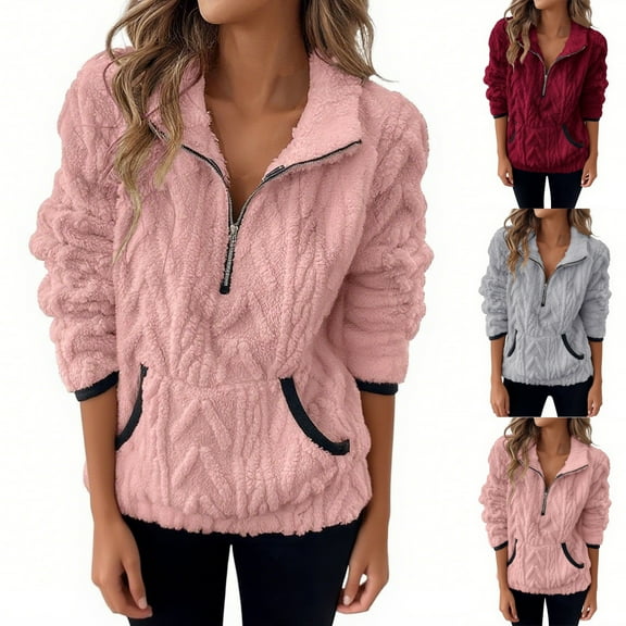 Horkkom Quarter Zip Pullover Women V Neck Fleece Sweatshirts Warm Casual Winter Coats with Pocket L, Gifts for Women